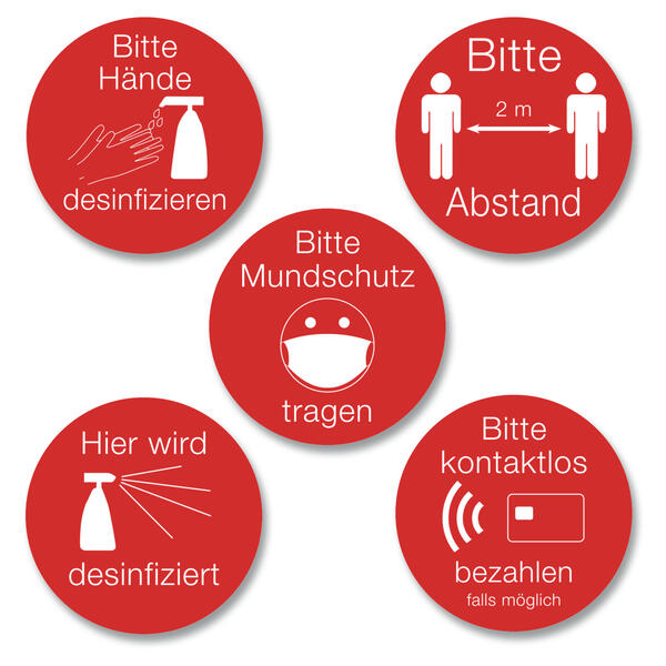 Ankleber-Set 5-teilig,  10 cm Hinweisschilder Coronaschutz