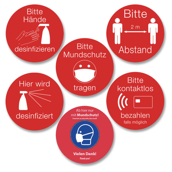 Ankleber-Set 6-teilig,  20 cm Hinweisschilder Coronaschutz